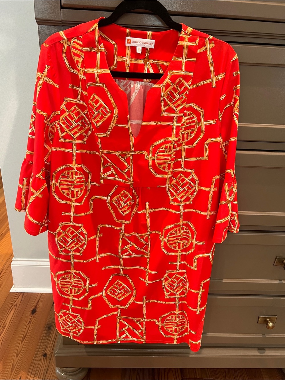 Jude Connally Red Shift Dress with Gold Geometric Print